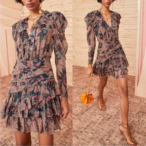 Ulla Johnson Cecily Ruffled Printed Fil Coupé Silk Blend Chiffon Mini Dress Sz:6
